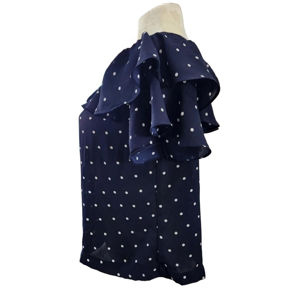 J.Crew Cold Shoulder Ruffle Blouse Navy White Polka Dot Silk Feel Top Size 10 - Picture 4 of 8